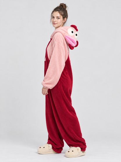Pink and Burgundy Fleece Hooded Pajama Jumpsuit