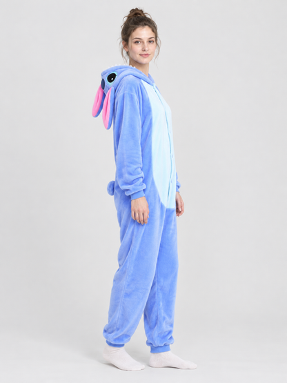 Blue Flannel Hooded Pajama Jumpsuit with Ears