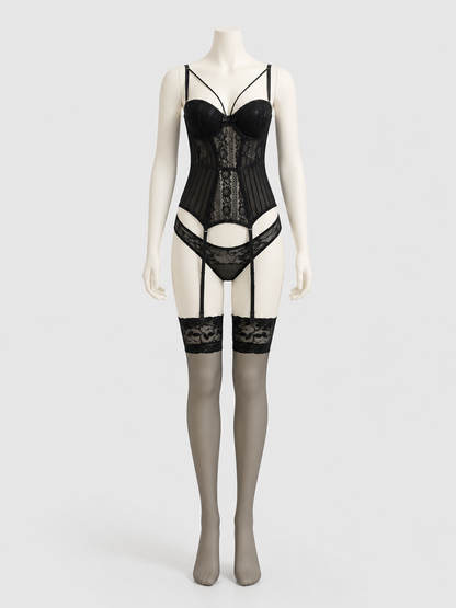 Erotic Set with Bodysuit, Garters, and Stockings side view