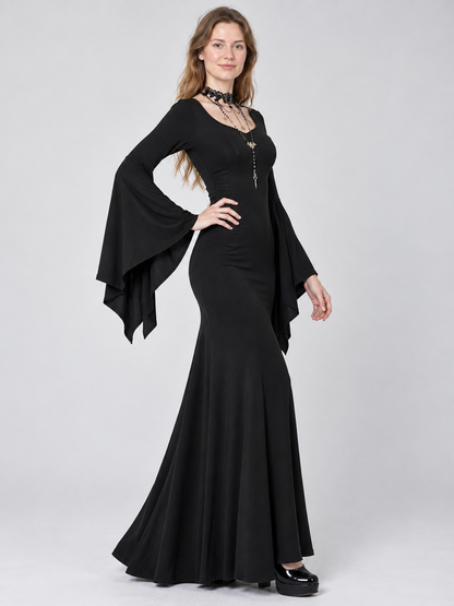 Black Long Gothic-Style Dress with Flared Sleeves