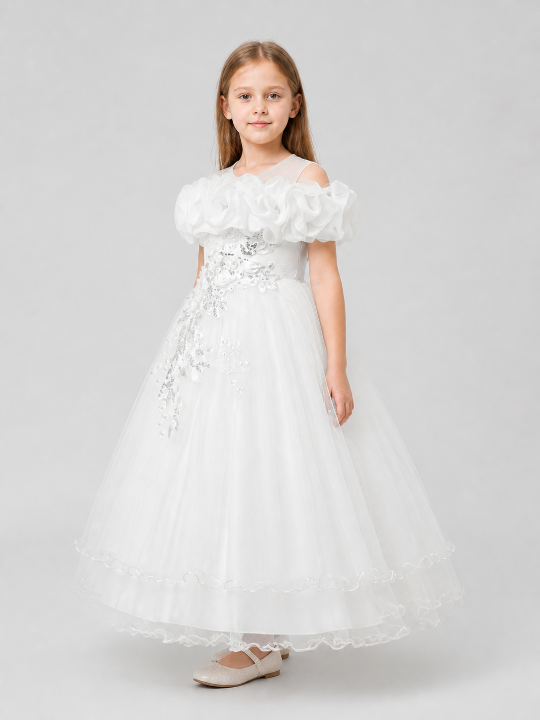 White Princess Dress, Full One-Shoulder Style with Ruffles side view