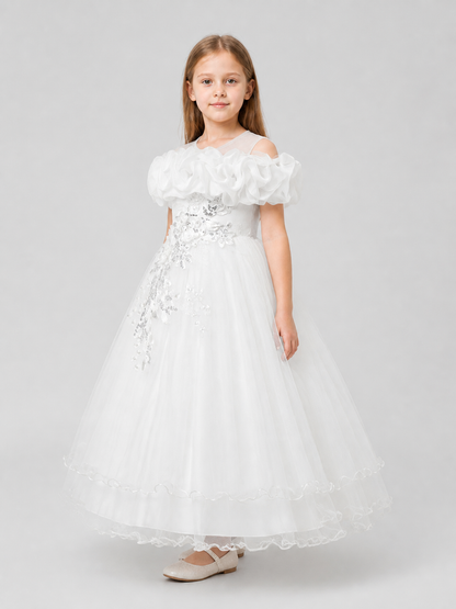 White Princess Dress, Full One-Shoulder Style with Ruffles side view