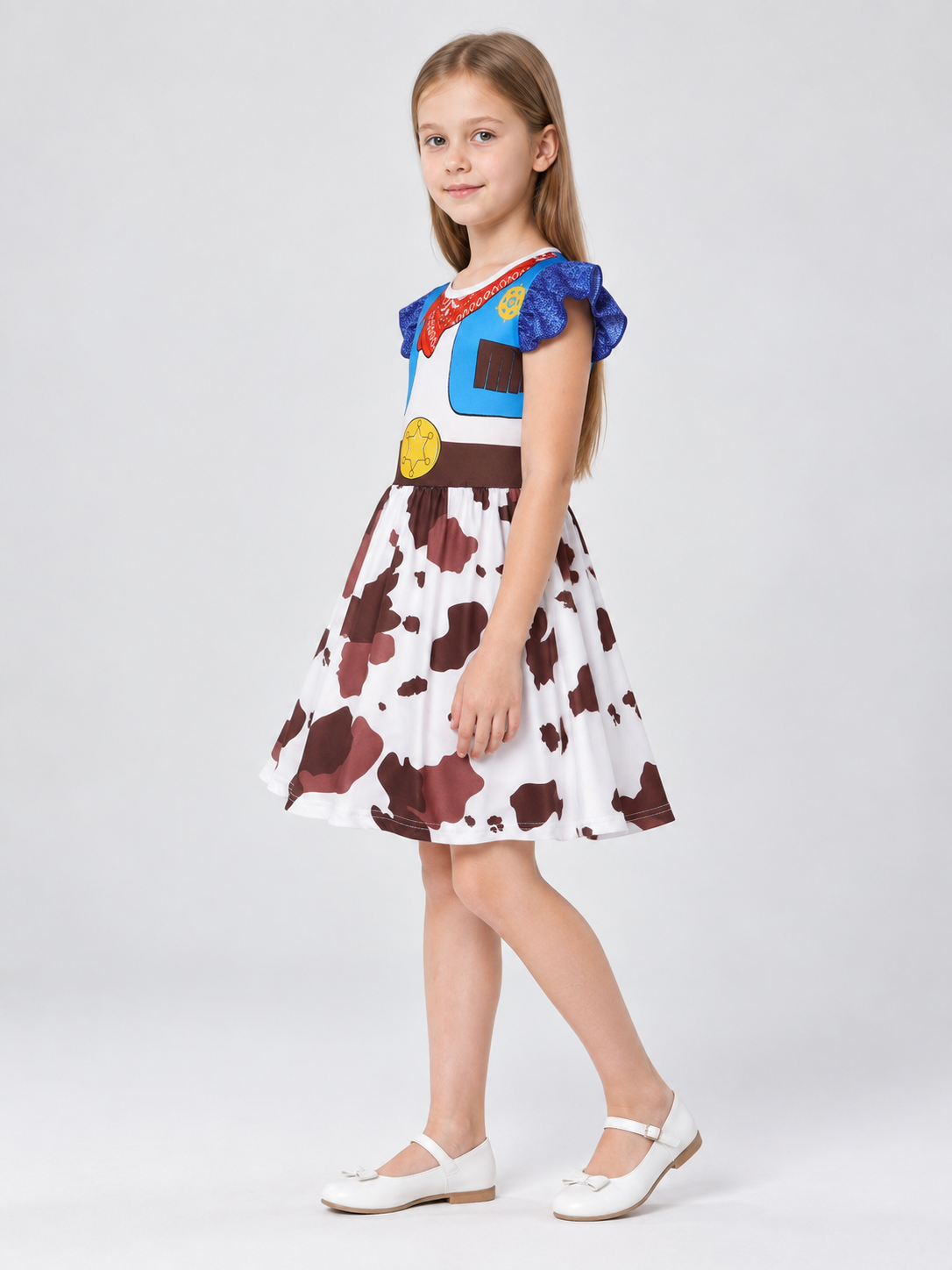 Children's Dress with Blue Bodice and Emblem side view