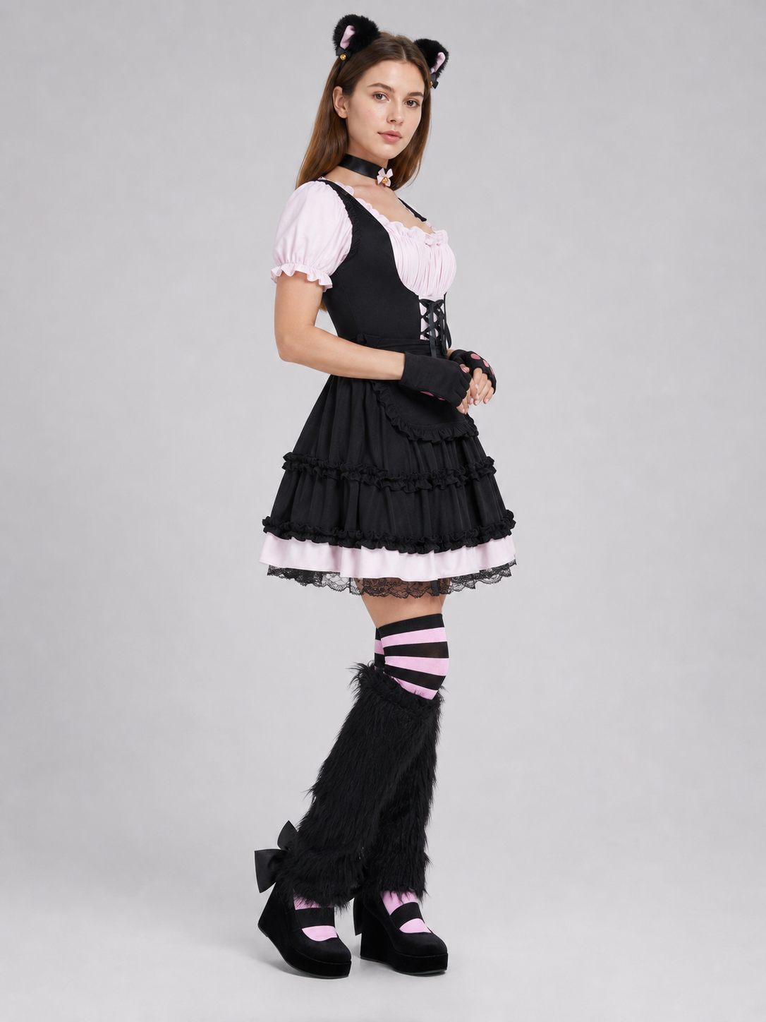 Lolita-Style Dress with Apron, Ruffles, and Lacing side view