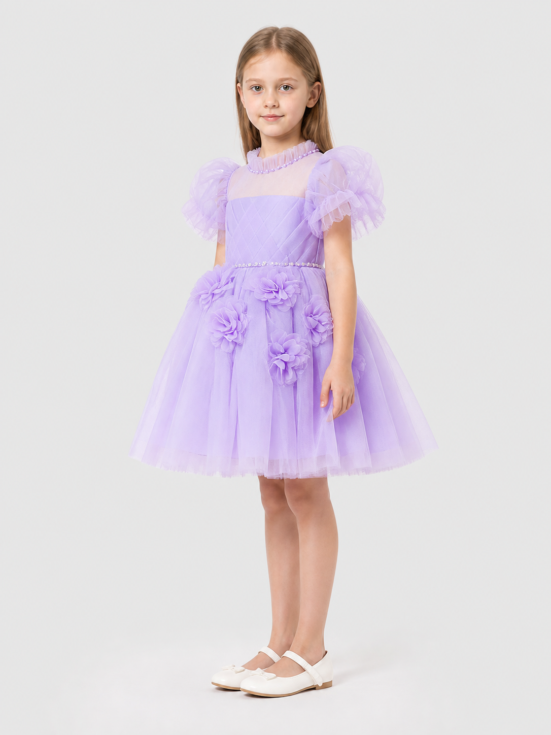 Party Dress with a Full Skirt and Puff Sleeves side view