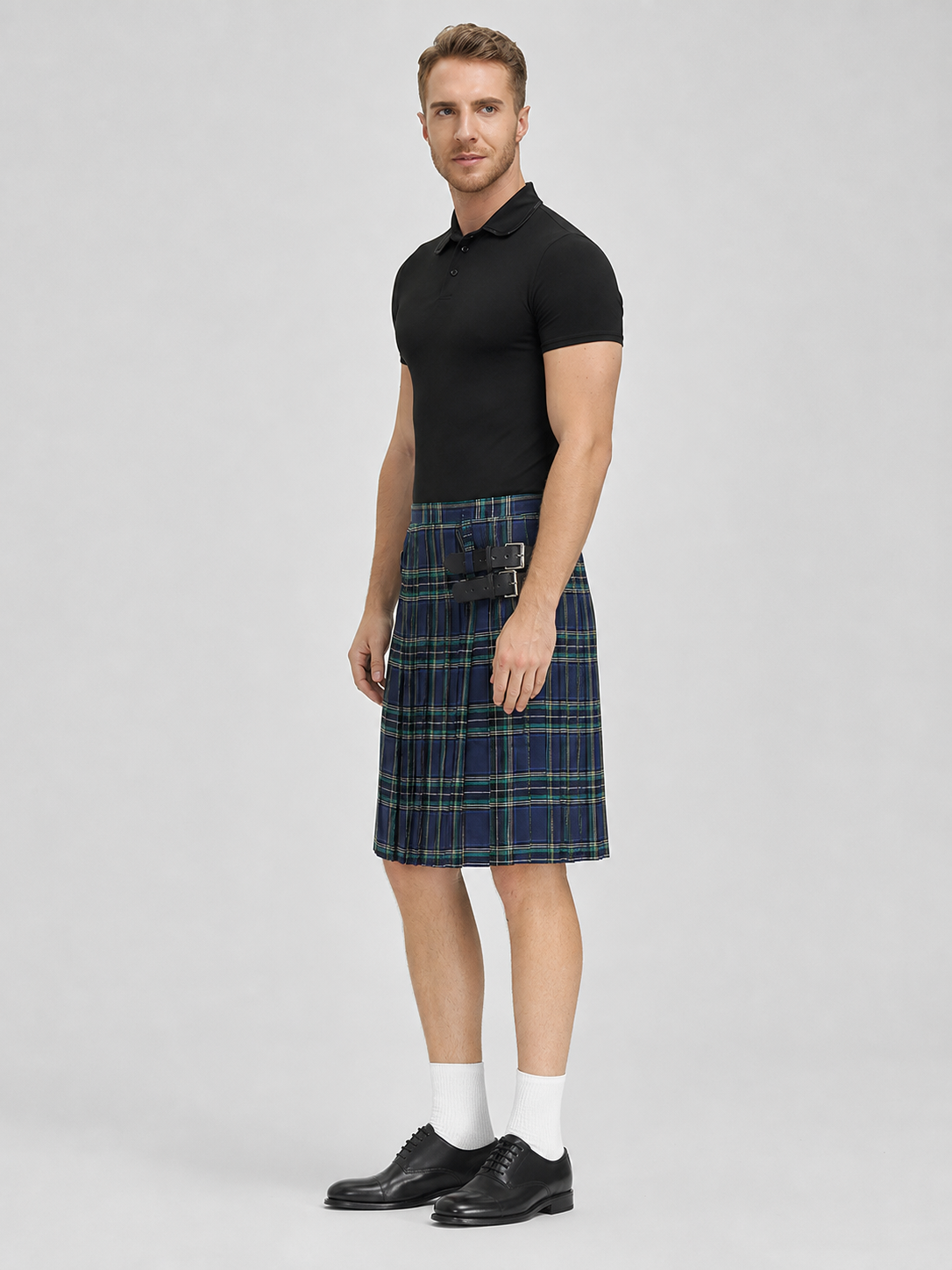 The plaid skirt is designed in a Scottish style and decorated with a crisscross pattern in blue and white, green, and black. Plaid runs across the entire surface of the garment, creating a distinctive, recognizable look. The skirt has a str