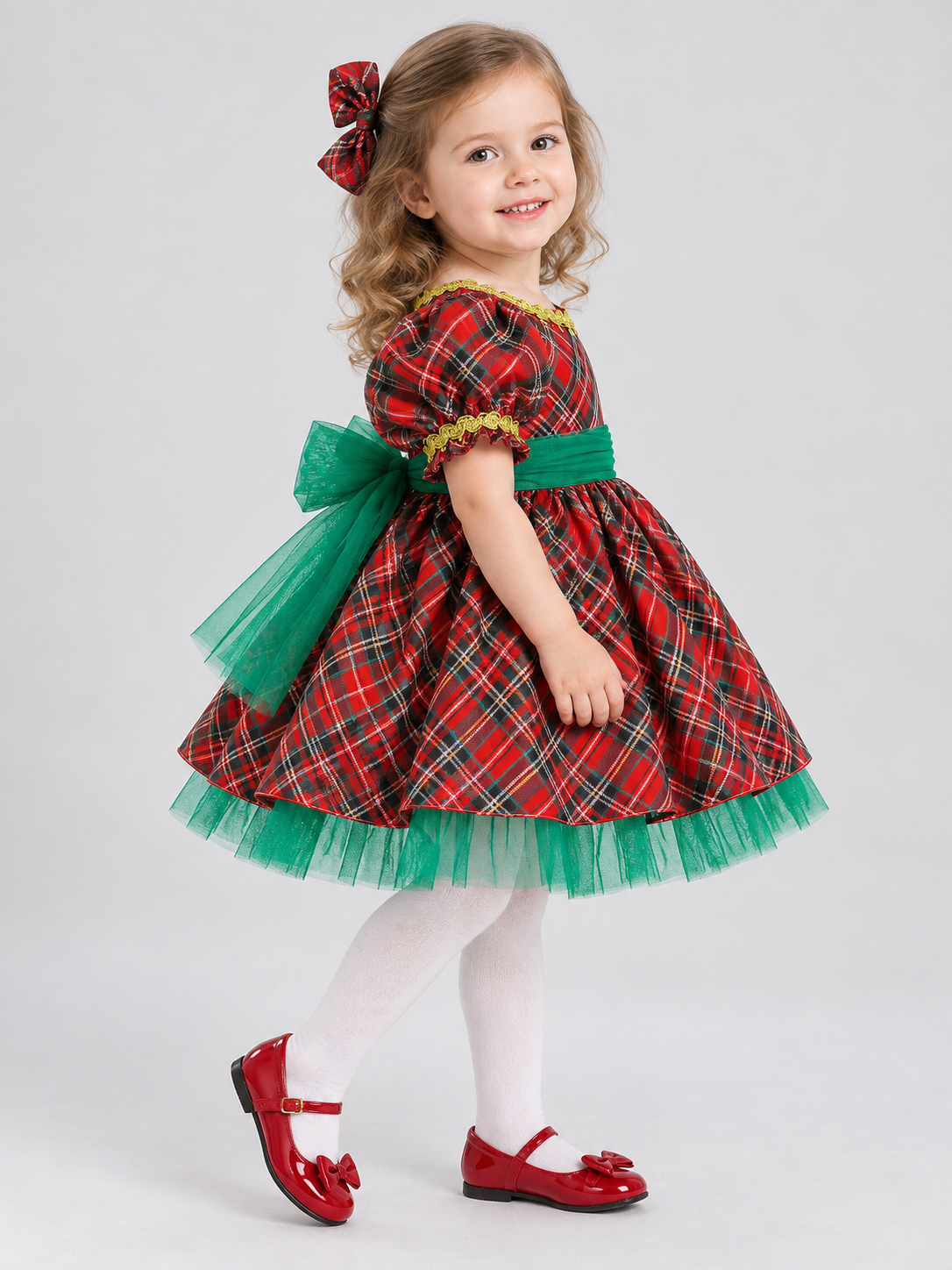 Festive Plaid Dress with Fluffy Skirt and Bow