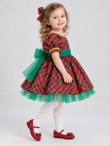Festive Plaid Dress with Fluffy Skirt and Bow