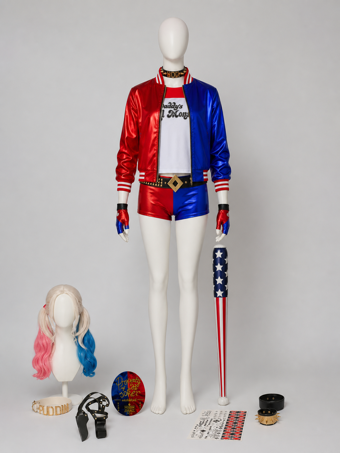 Harley Quinn Cosplay Costume, Wig, and Accessories side view