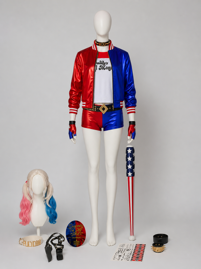 Harley Quinn Cosplay Costume, Wig, and Accessories side view