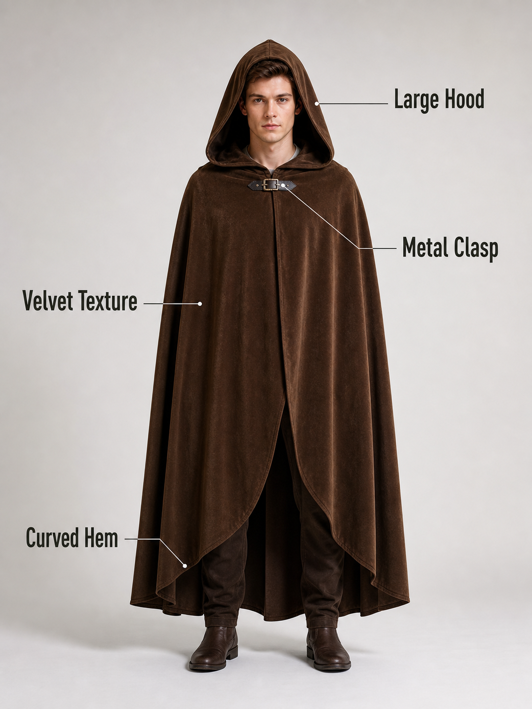 Medieval Fantasy Hooded Cloak, Deep Brown Long Draped Cape with Overlapping Front and Pointed Hem for Role Play, Stage Styling and Outdoor Wear