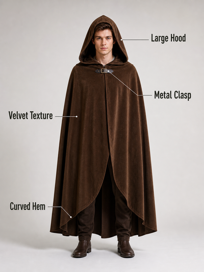 Medieval Fantasy Hooded Cloak, Deep Brown Long Draped Cape with Overlapping Front and Pointed Hem for Role Play, Stage Styling and Outdoor Wear