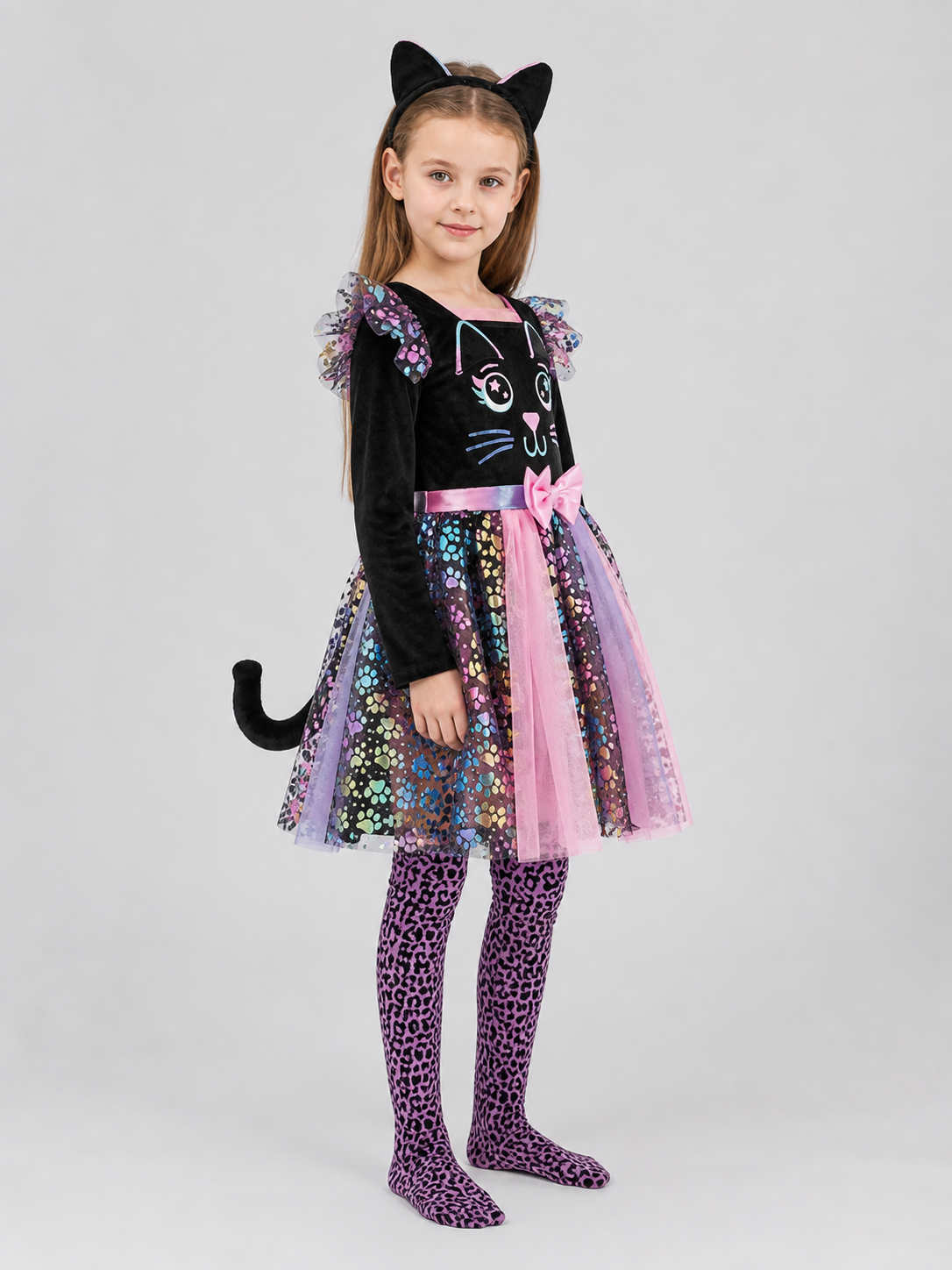 Children's Cat Carnival Dress with Ears and Tail side view