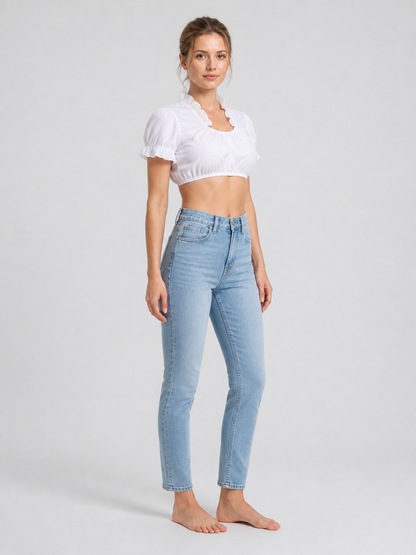 White Cropped Top with Lace Ruffles and Puff Sleeves side view