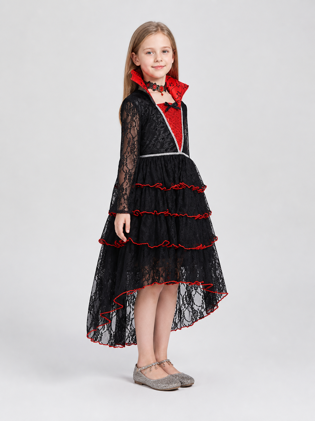 Black Halloween Dress with Red Trim and Lace side view