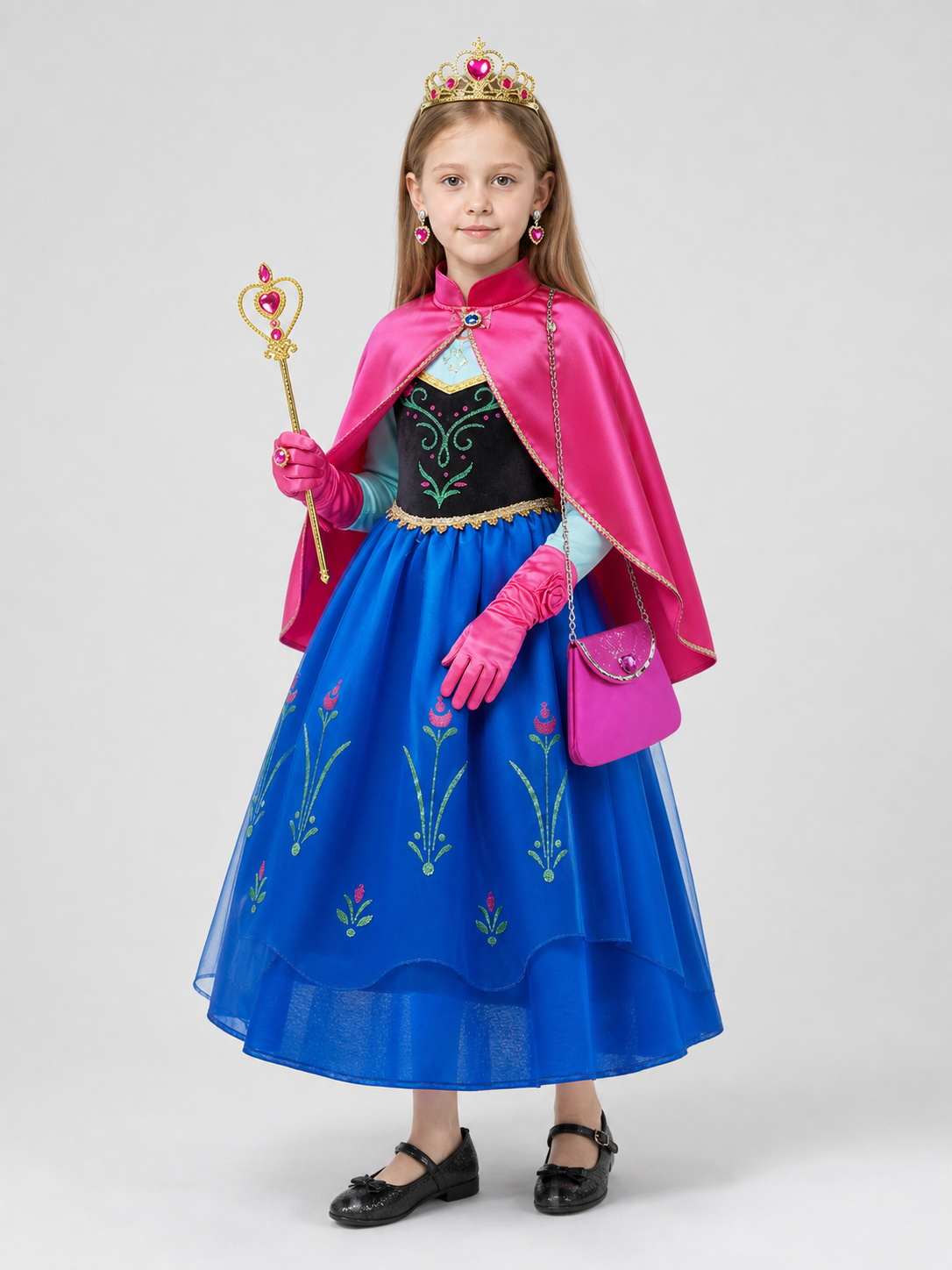 Children's princess costume with cape and accessories side view