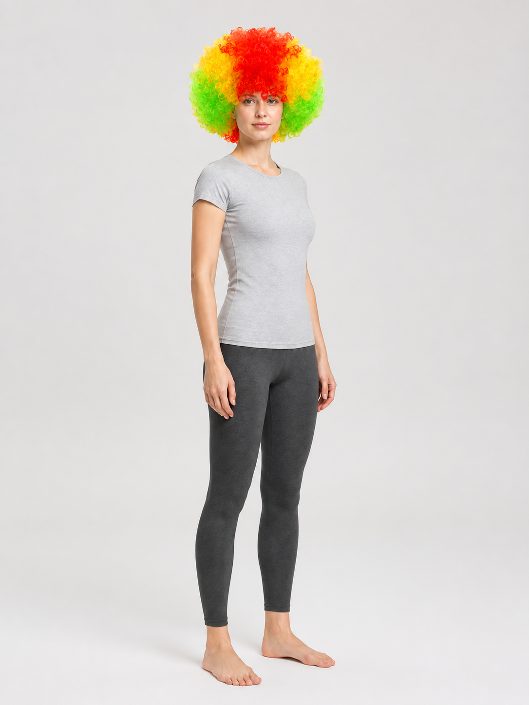 Clown Wig, Full and Curly, Red-Yellow-Green side view