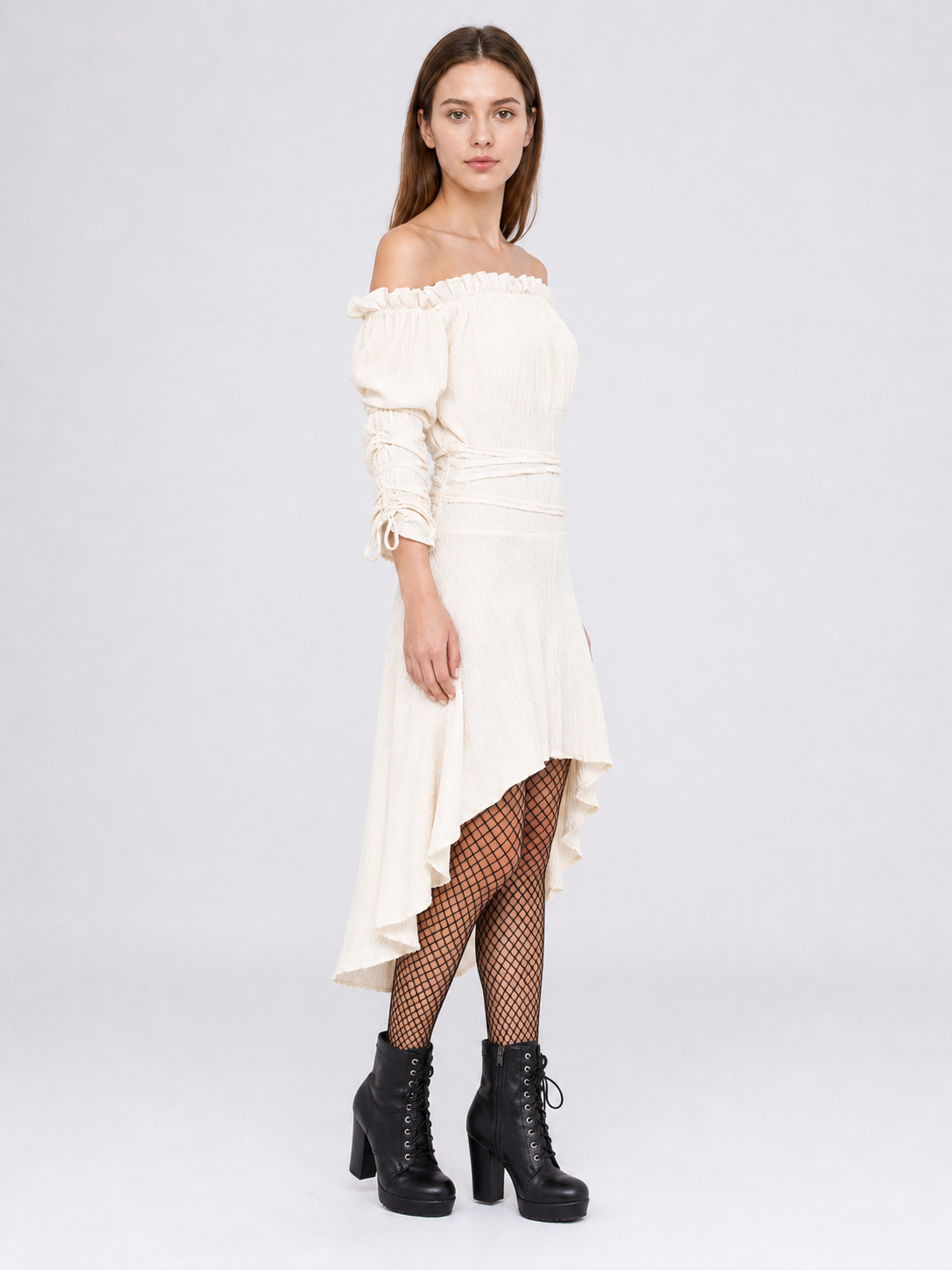 Long Off-the-Shoulder Dress with an Asymmetrical Hem