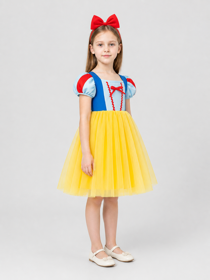 Girls' Dressy Dress with Full Skirt, Mesh, and Bow side view
