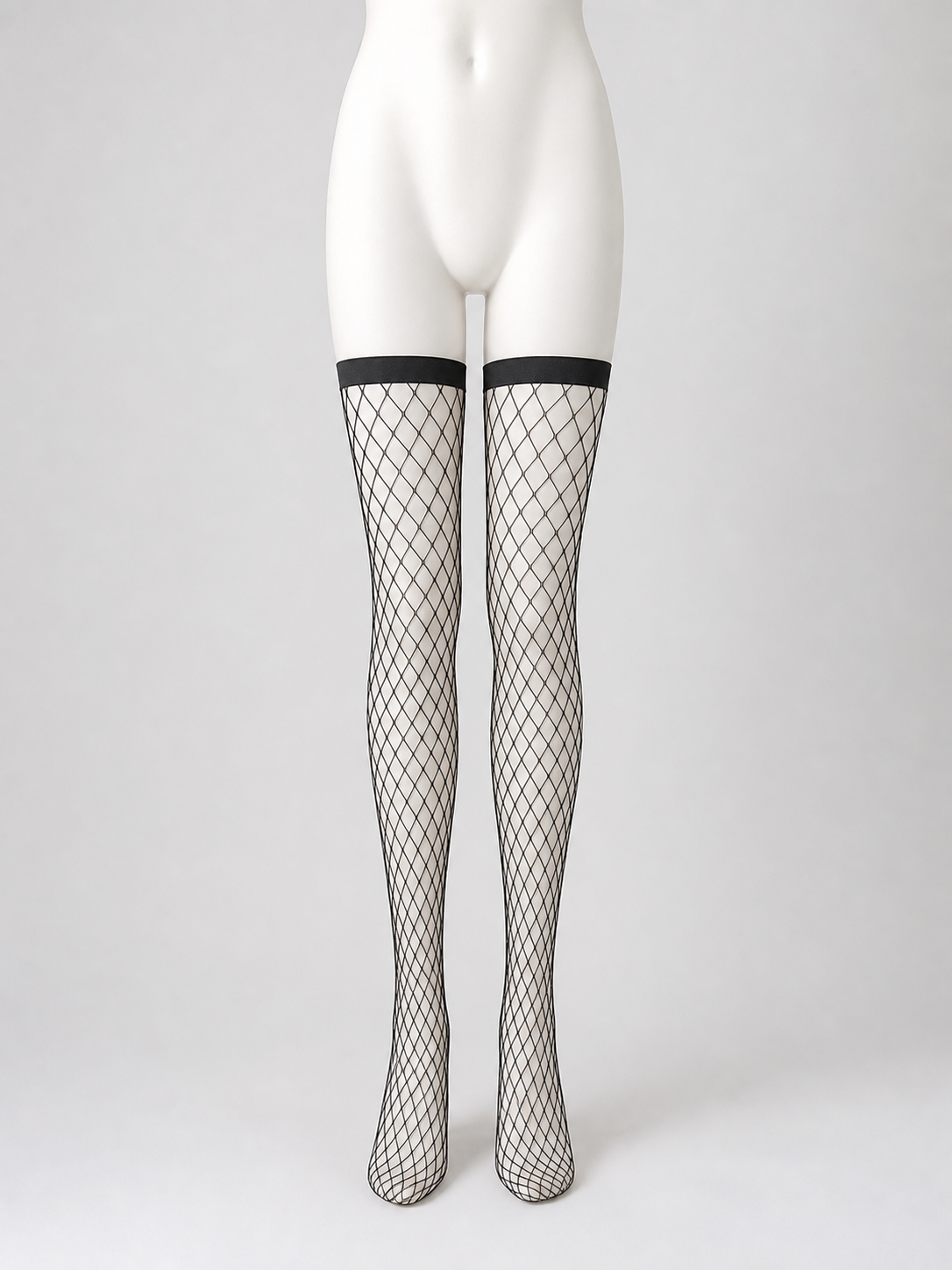 Black Thigh-High Stockings with a Wide Band and Diamond Mesh