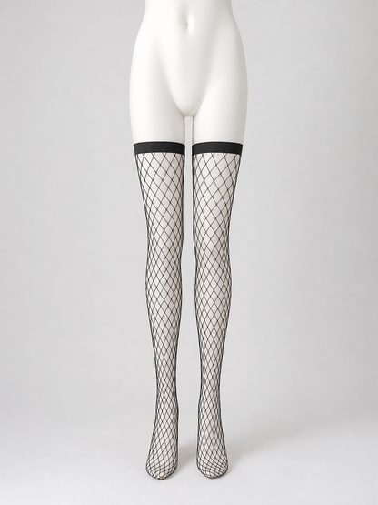 Black Thigh-High Stockings with a Wide Band and Diamond Mesh