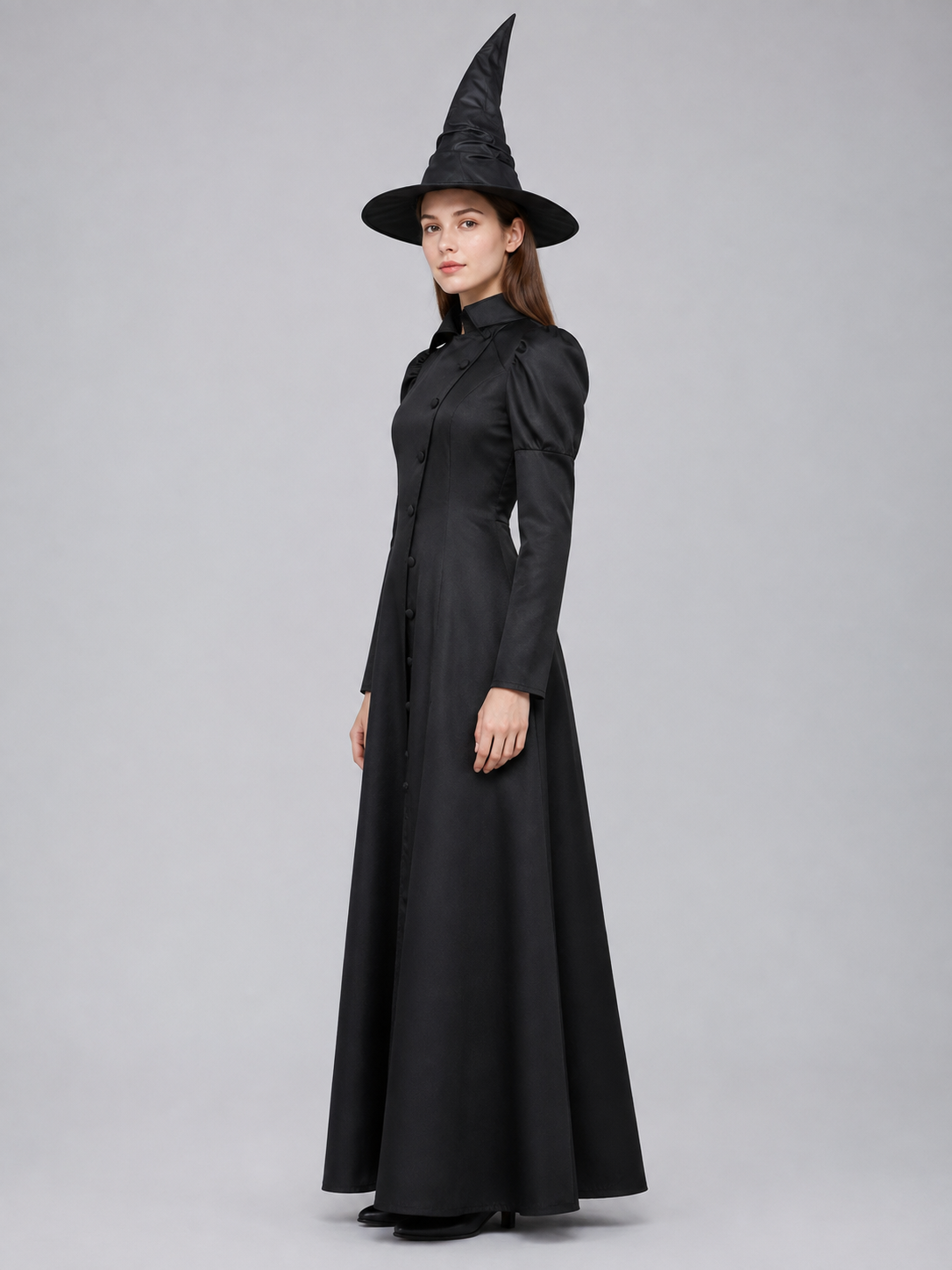 Witch Costume with Coat, Skirt, and Pointed Hat side view