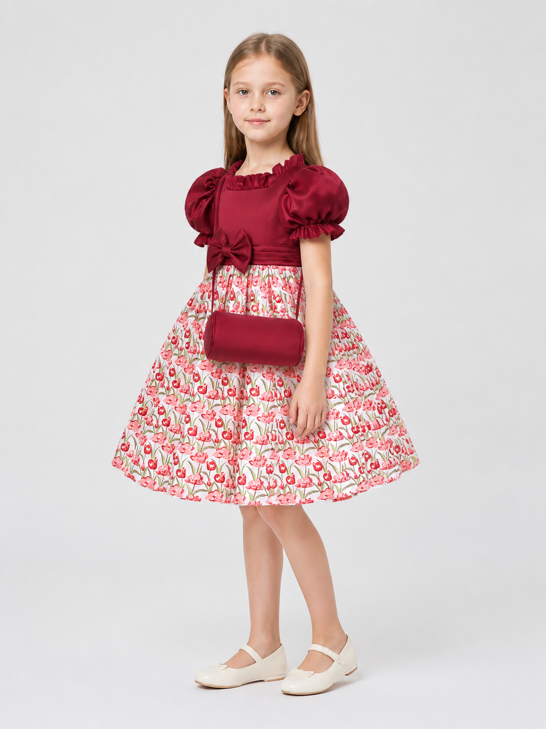 Burgundy Princess Dress with Floral Print and Bow side view