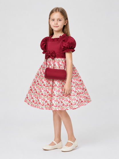 Burgundy Princess Dress with Floral Print and Bow side view