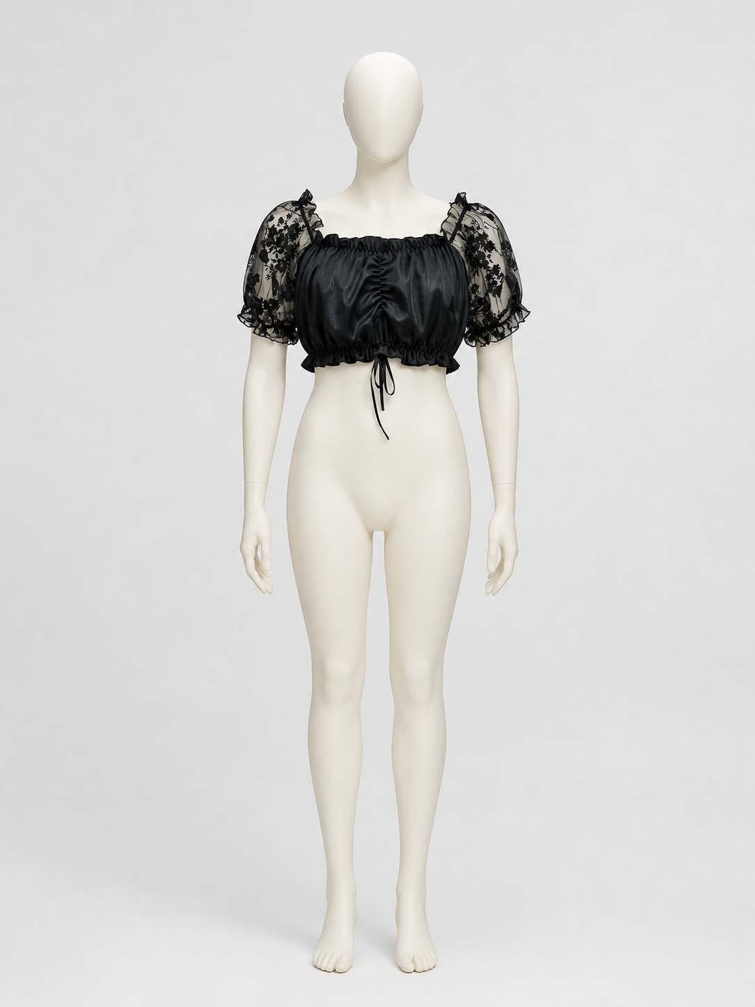 Black Top with Sheer Floral Sleeves side view
