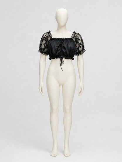 Black Top with Sheer Floral Sleeves side view