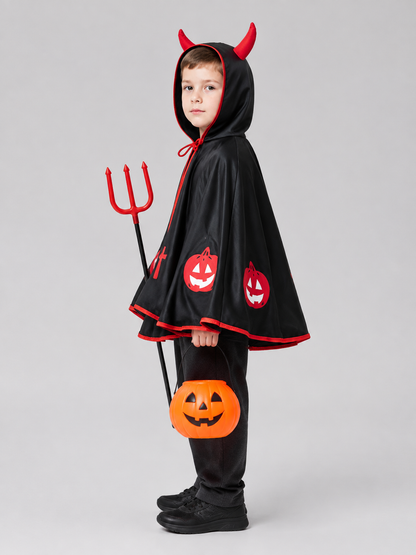 Carnival Cape with Hood, Horns, Pitchfork, and Bucket side view
