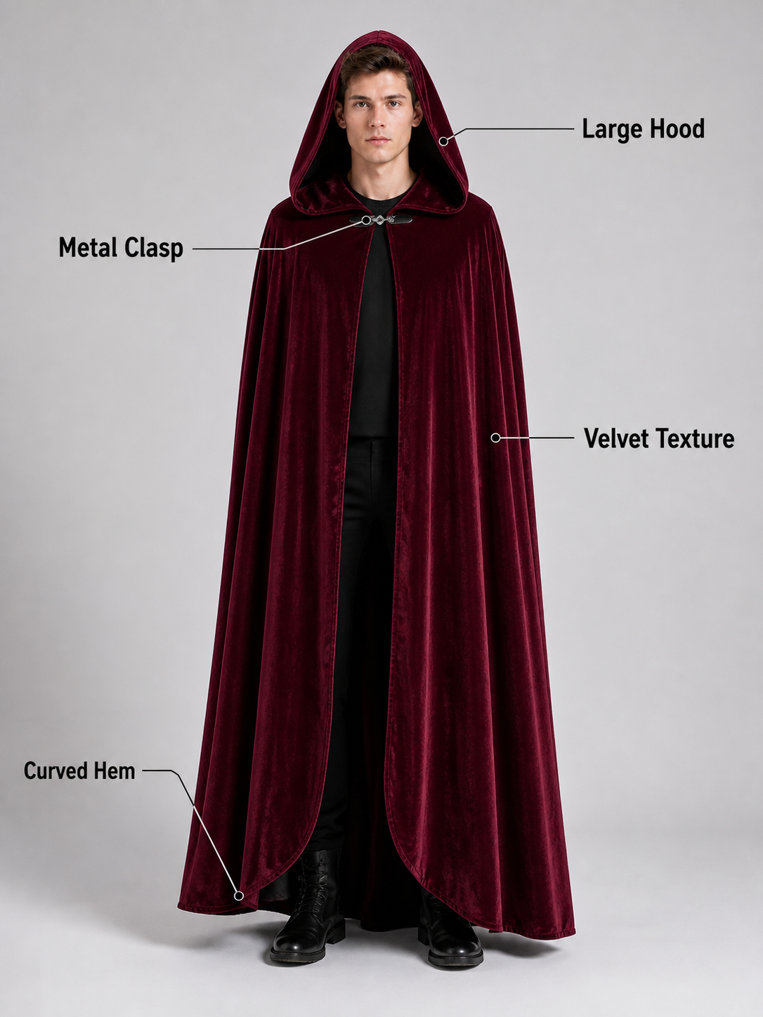 Burgundy Long Carnival Cloak with Hood