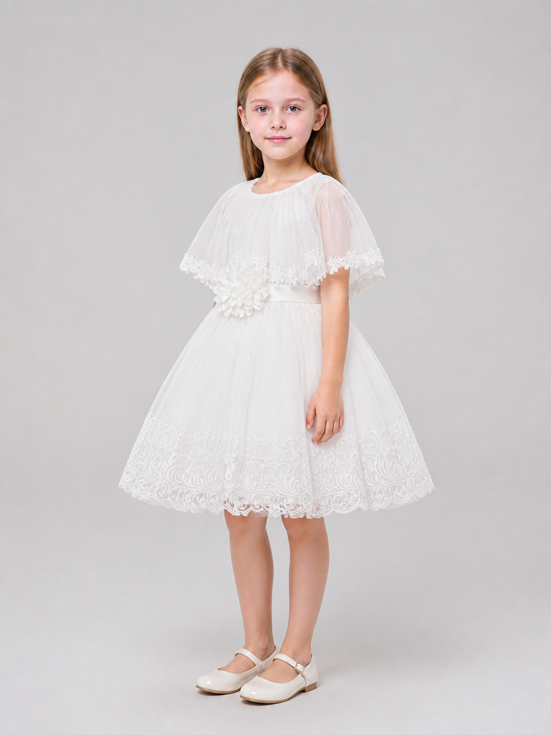 Girls' White Dressy Dress with Lace and Tulle side view