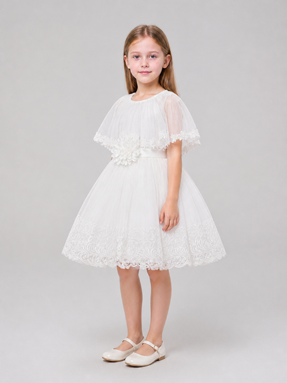 Girls' White Dressy Dress with Lace and Tulle side view