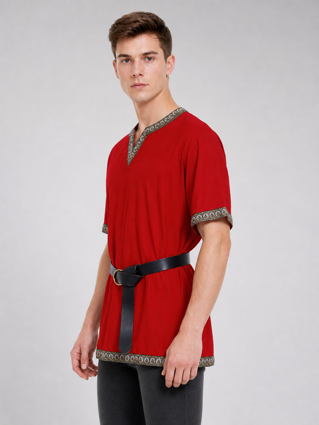 Red Tunic with Belt and Medieval-Style Trim