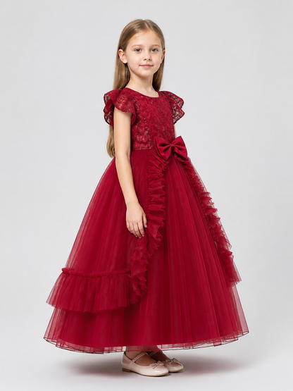 Long Burgundy Princess Dress with a Tulle Skirt side view