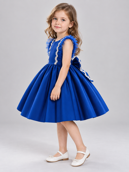 Bright Blue Children's Formal Dress with Bow and Lace