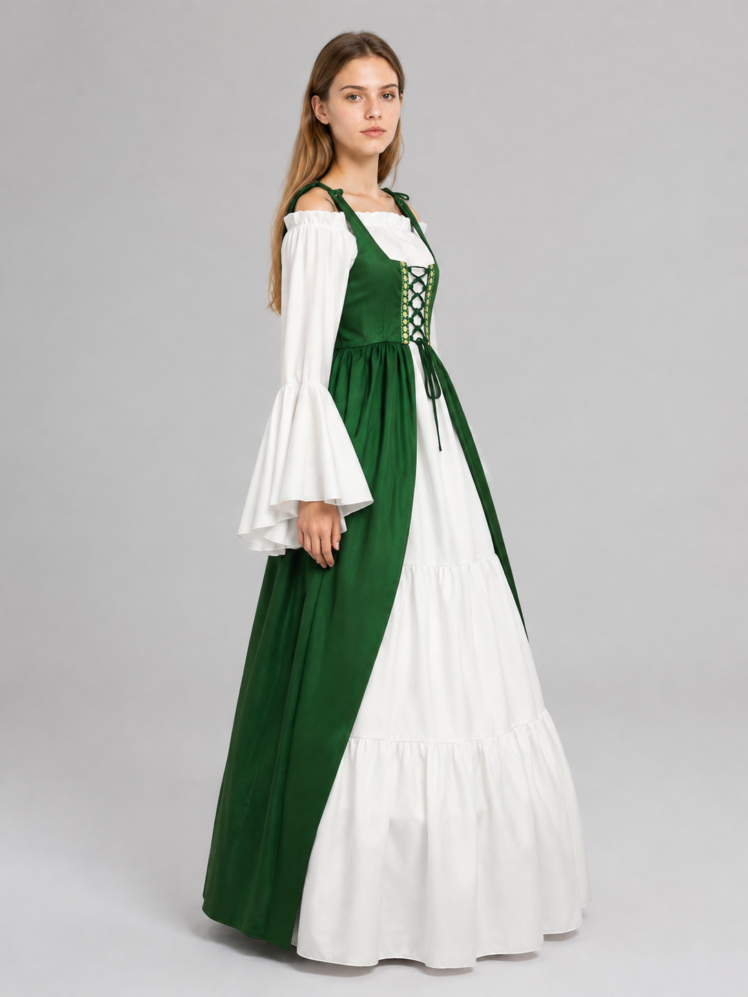 Green and White Historical Lace-Up Dress side view