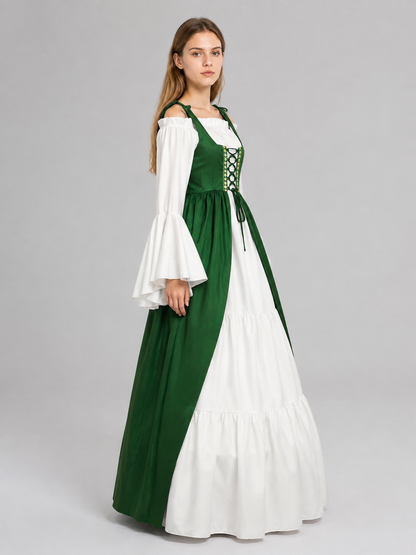 Green and White Historical Lace-Up Dress side view