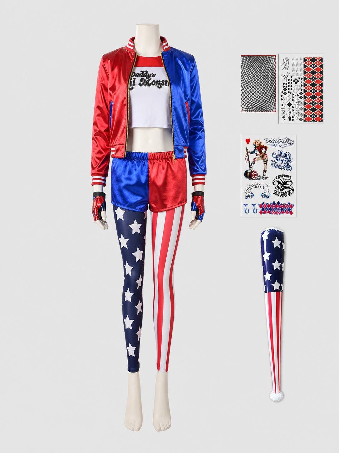 Harley Quinn Cosplay Costume, Jacket, Shorts, Gloves side view
