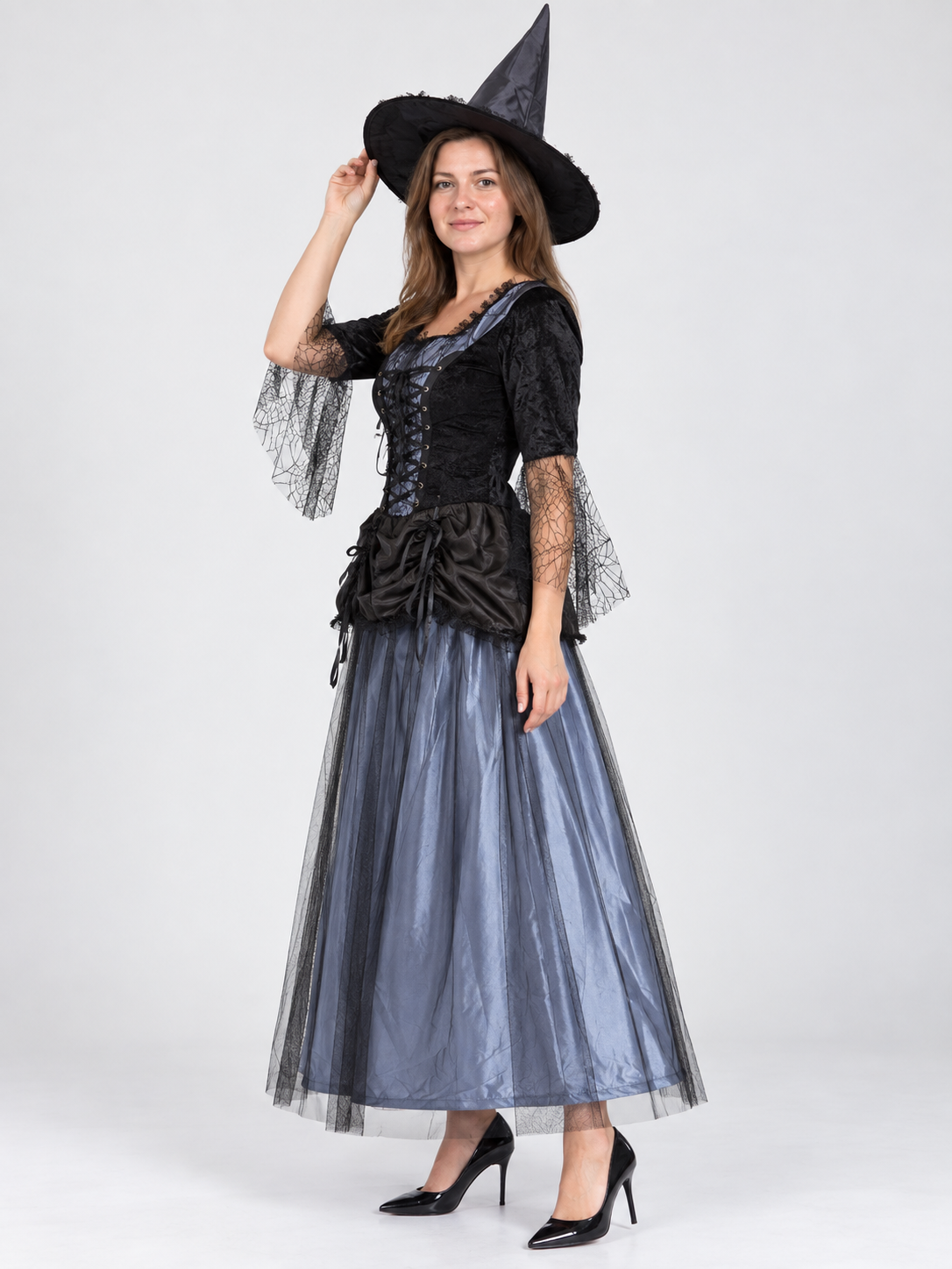 Witch Costume: Dress and Hat, Gray-Blue