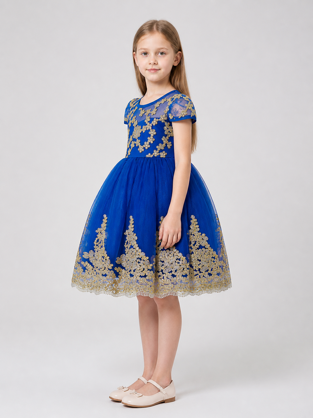 Full-Skirted Dress with Gold Embroidery, Bow, and Sequins side view