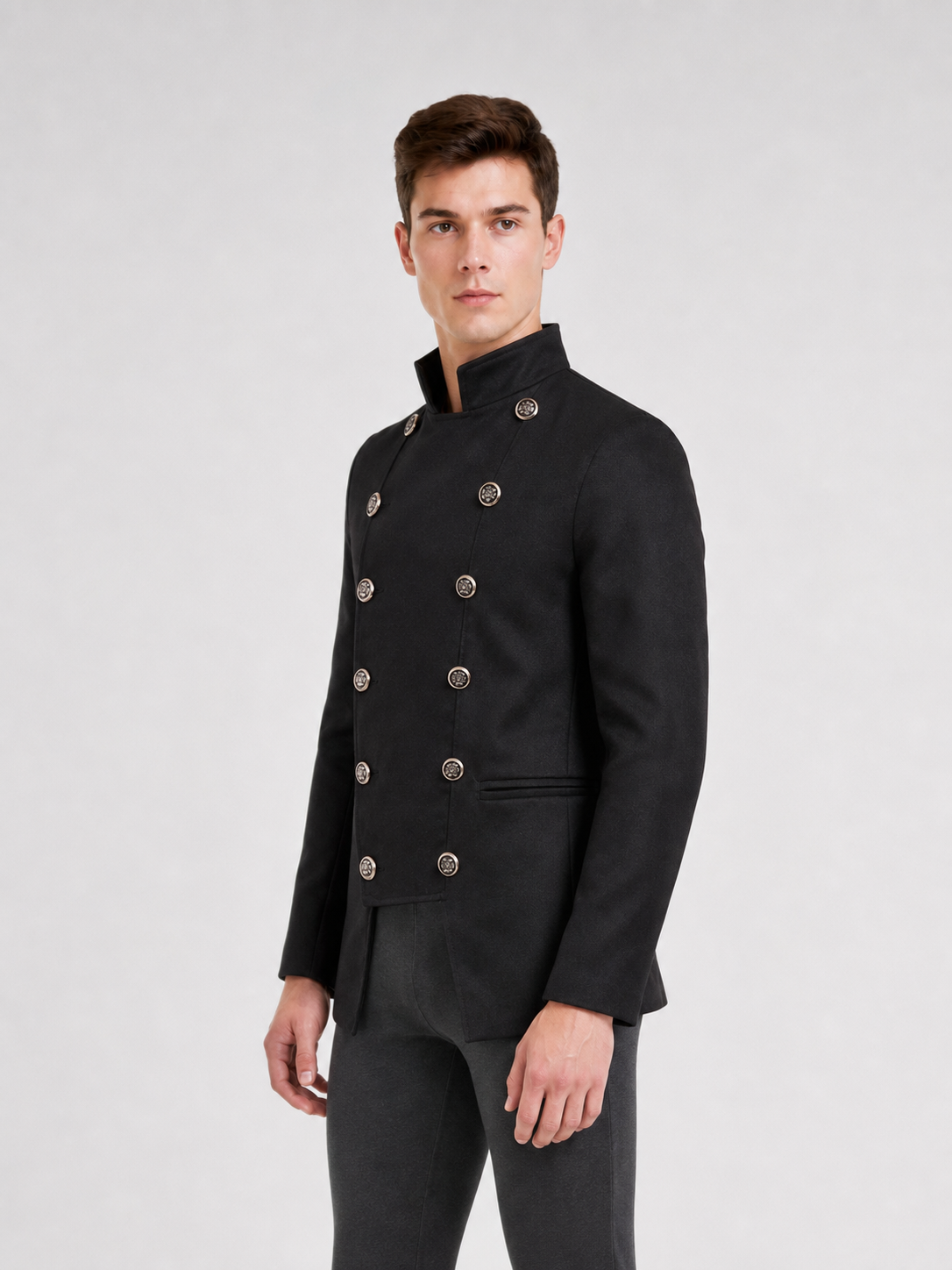 Black jacket with an asymmetrical double-breasted placket