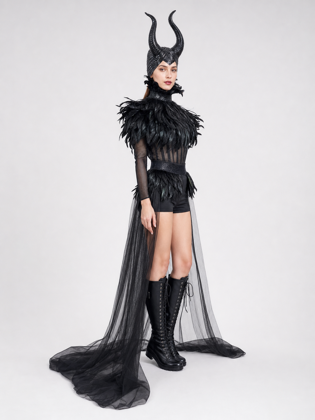 Sheer black mesh skirt with a long train