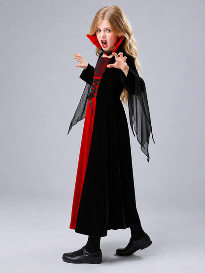 The vampire costume is designed in a black-and-red and gray-and-black color scheme and features a long garment with a silhouette reminiscent of a vampire cloak. The design includes a red hood, long sleeves, and semi-transparent gray-and-bla