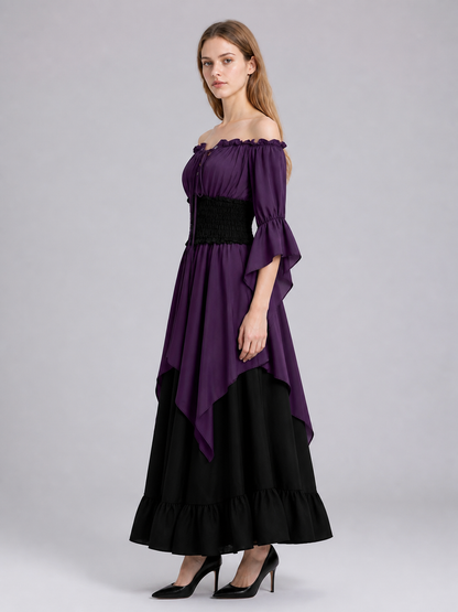 Historical Dress with Lacing and Off-the-Shoulder Design side view