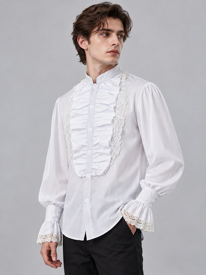 White shirt with ruffles, lace, and a stand collar
