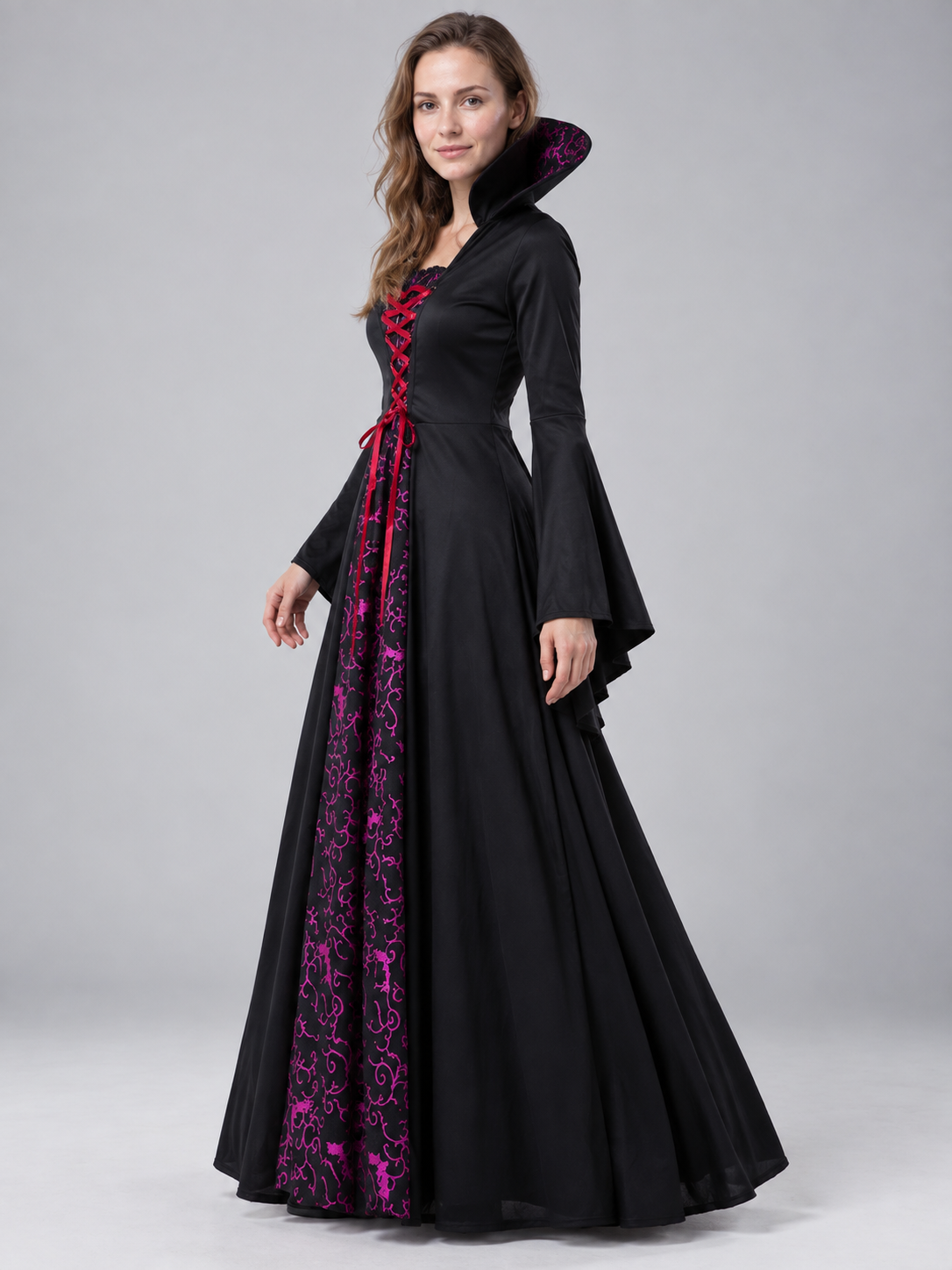 Long Gothic Dress with Lacing and High Collar