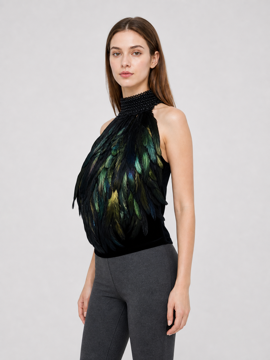 Feathered Halter Top with Beaded Collar