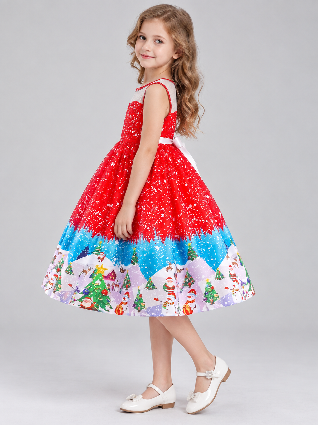Children's festive dress with a Christmas print side view